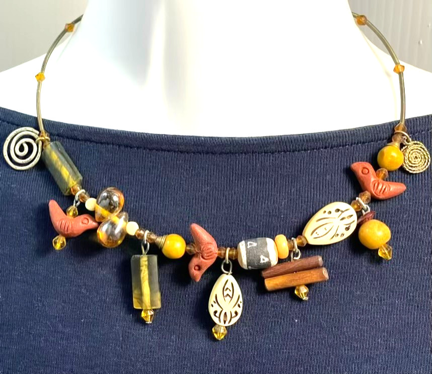 Southwestern Style Fetish Choker Necklace Birds Tribal Folk Art Boho Memory Wire