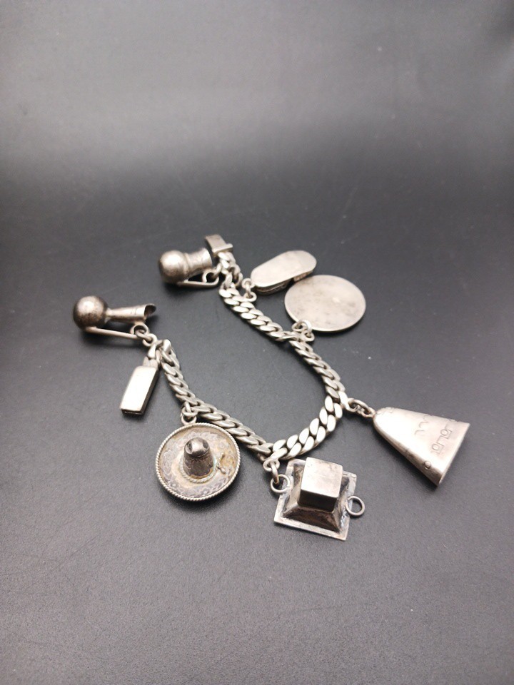 Vtg ROSI Mexican Sterling Silver Charm Bracelet 44g Aztec Calendar Sombrero 925