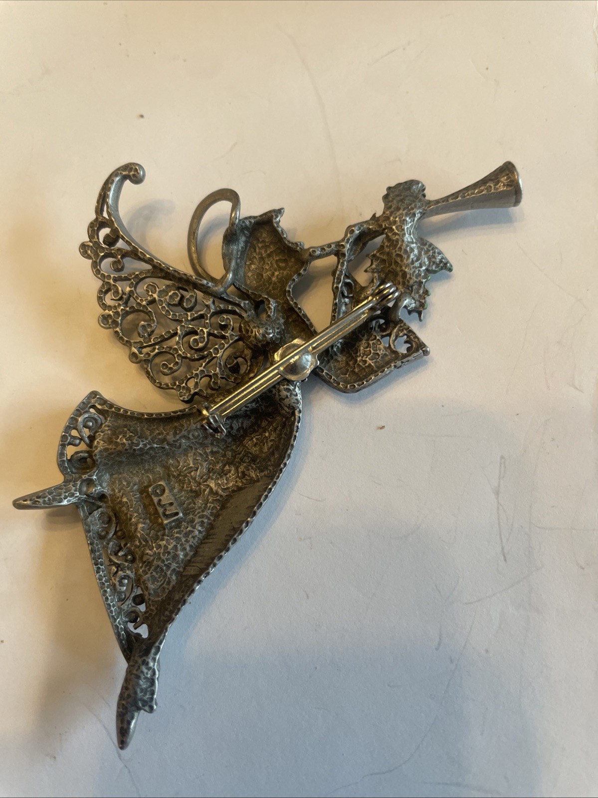 Vintage PewterTone SIGNED JJ TRUMPTING ANGEL BROOCH Horn Rhinestone & Holly R34