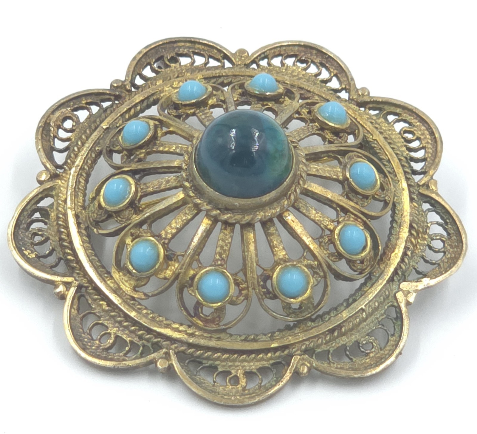 Vintage Eilat & Turquoise STERLING SILVER Filigree Cannetille BROOCH/PENDANT