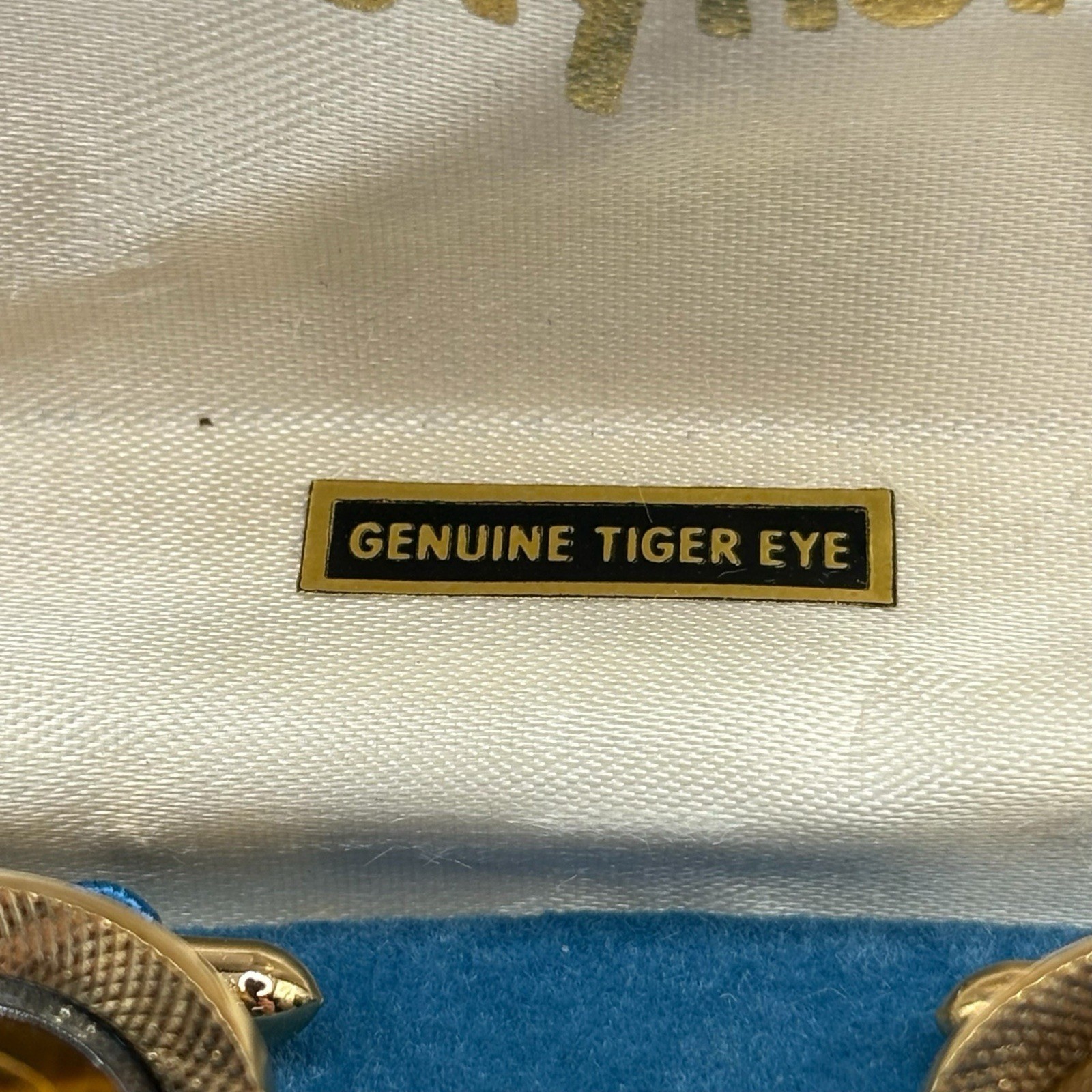 La Mode Genuine Tiger’s Eye Cuff Links & Tie Clip Set In Box Gold Tone Vintage