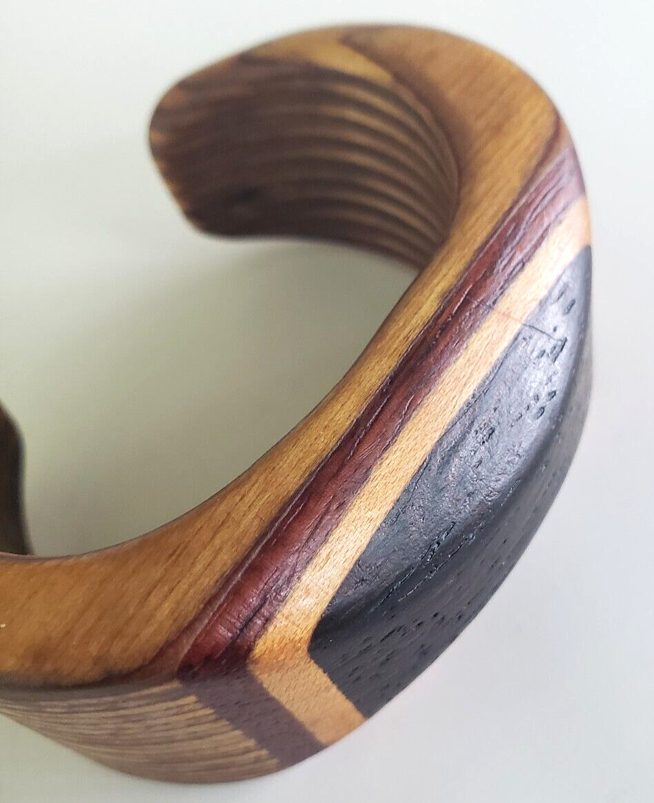 Vintage Inlay Laminated Layered Wood Cuff Bracelet 4-7/8″ Size Small