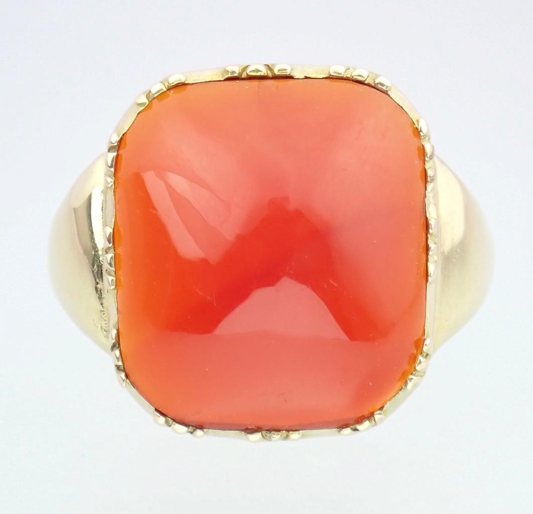 Glowing Antique Victorian DEAKIN & FRANCIS 9K Gold Carnelian Sugarloaf Ring Sz 7