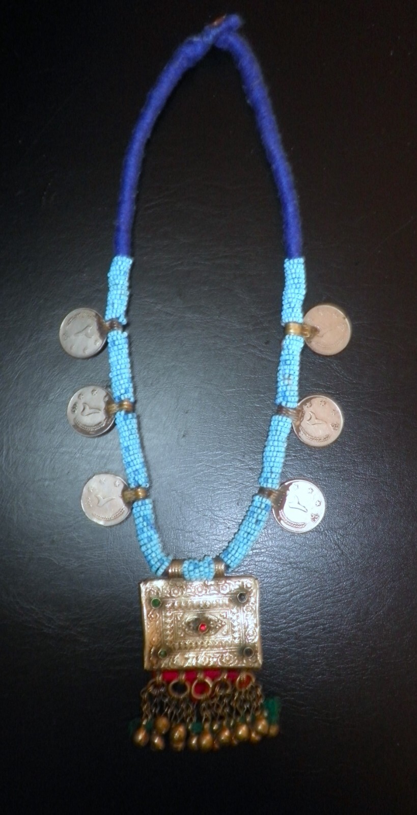 Vintage Turkoman Tribal Artisanal Wool Beaded Engraved Metal Statement Necklace