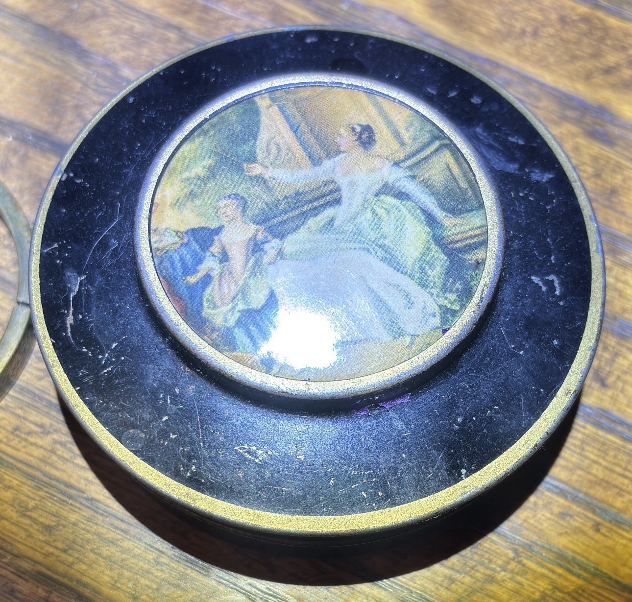 Antique Vintage Circa 1920-1930’s Portrait Tin and Floral Hinged Bangle Bracelet