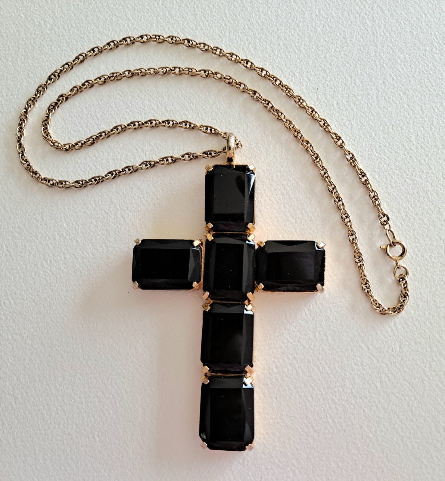 Vtg. CADORO, LG. Cross Gold Plated, Black Glass Pendant Necklace Statement Piece
