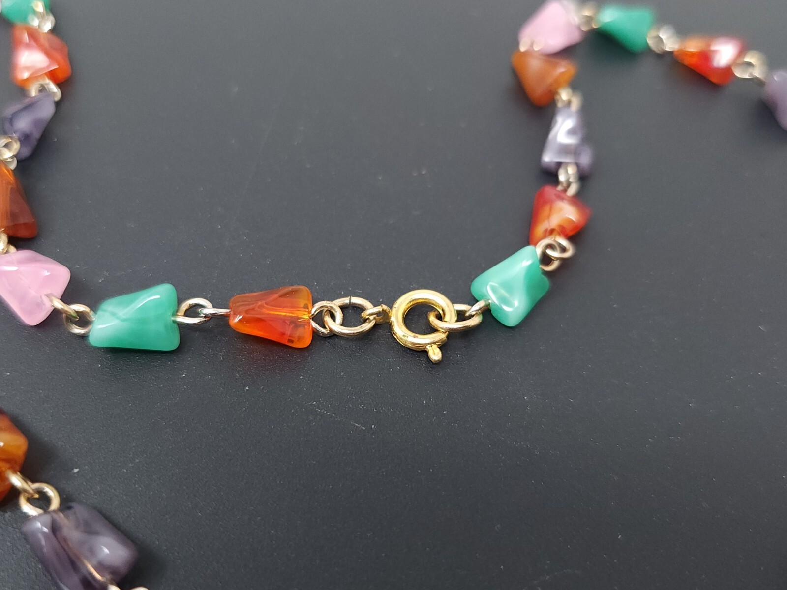 Vtg CZECH Bohemian Asian Buddha Pendant Multicolor Glass Goldtone Necklace 19″