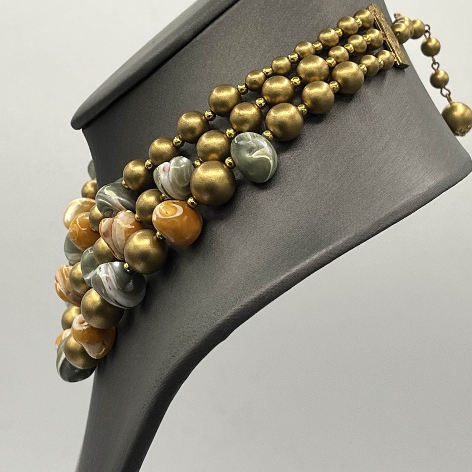 Stunning Vintage 3-Strand Orange Gray Bronze Beads 13” Choker