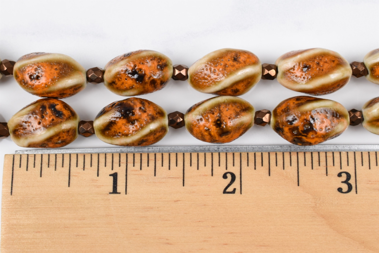 Gold Plated 21″ Cream Brown Orange Twist Ceramic Necklace w/ Bronze Spacers