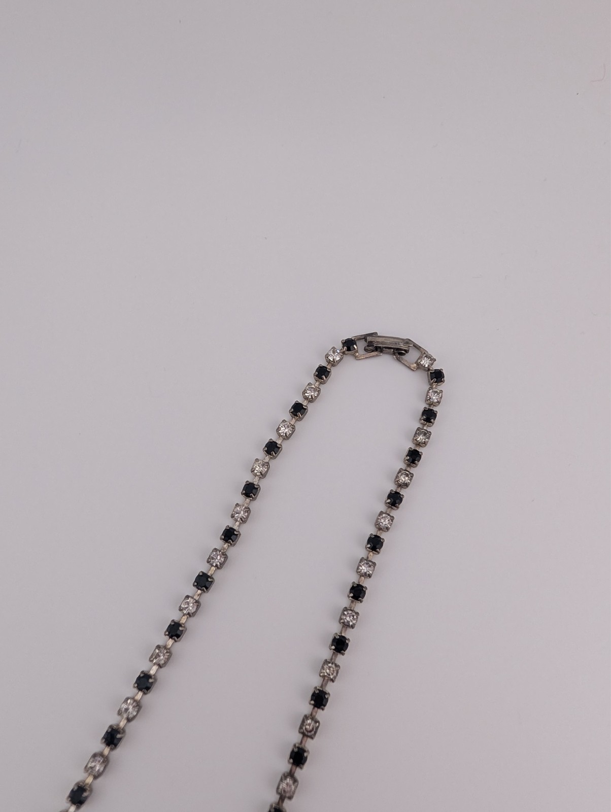Vintage Silver Tone White & Black Glass Rhinestone V Point Necklace