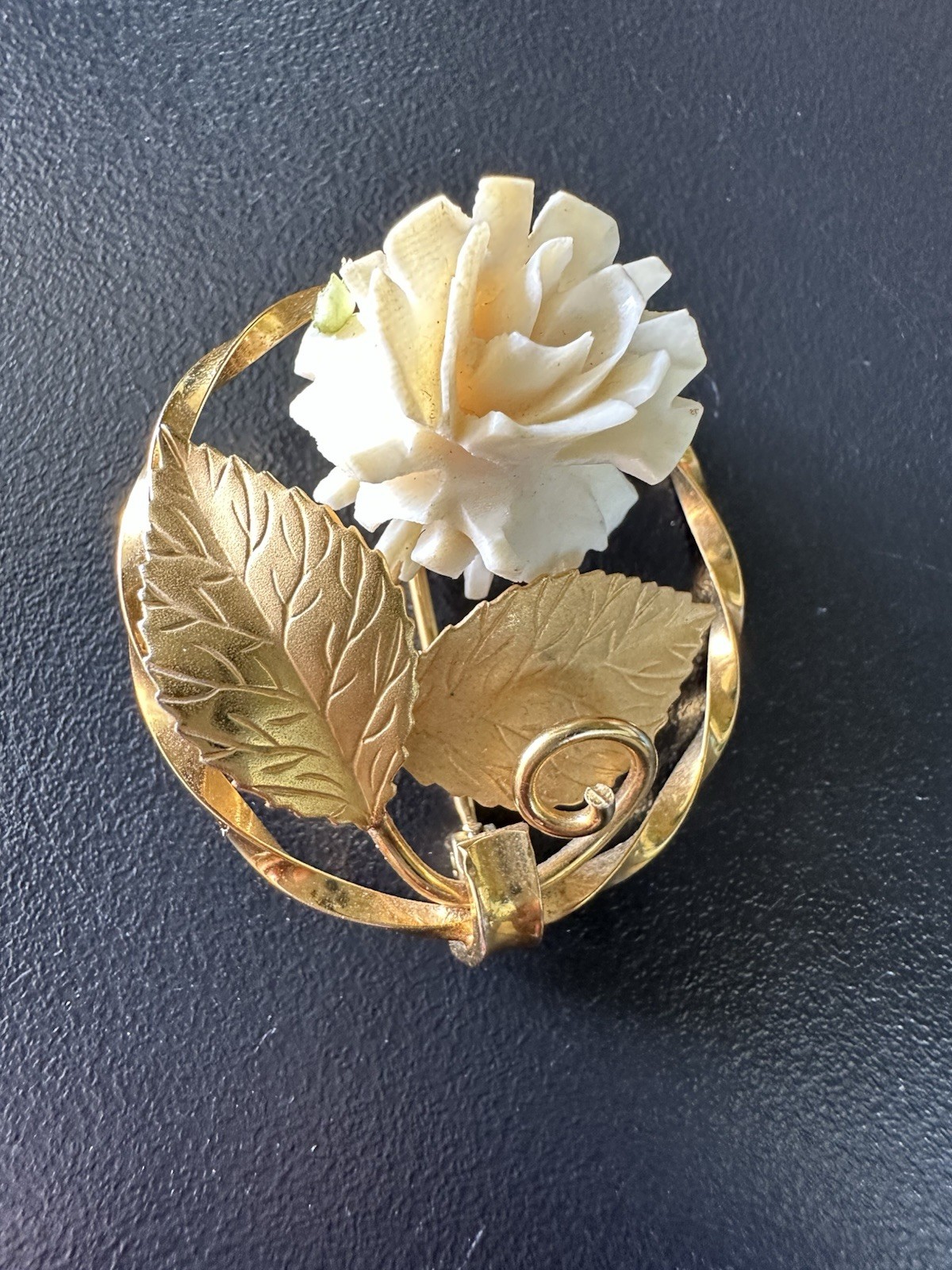 Vintage K.L. 12GF Brooch with White Carved Rose Brooch