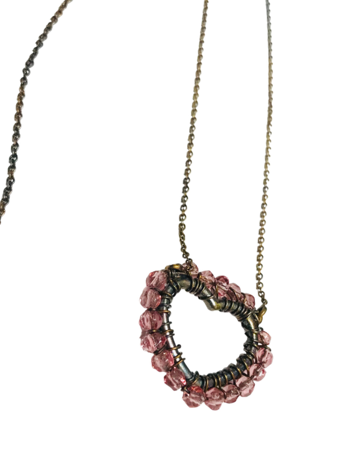 Vintage Antique Gold Tone Wire Wrapped Pink Beads Heart Pendant Necklace 19.5”