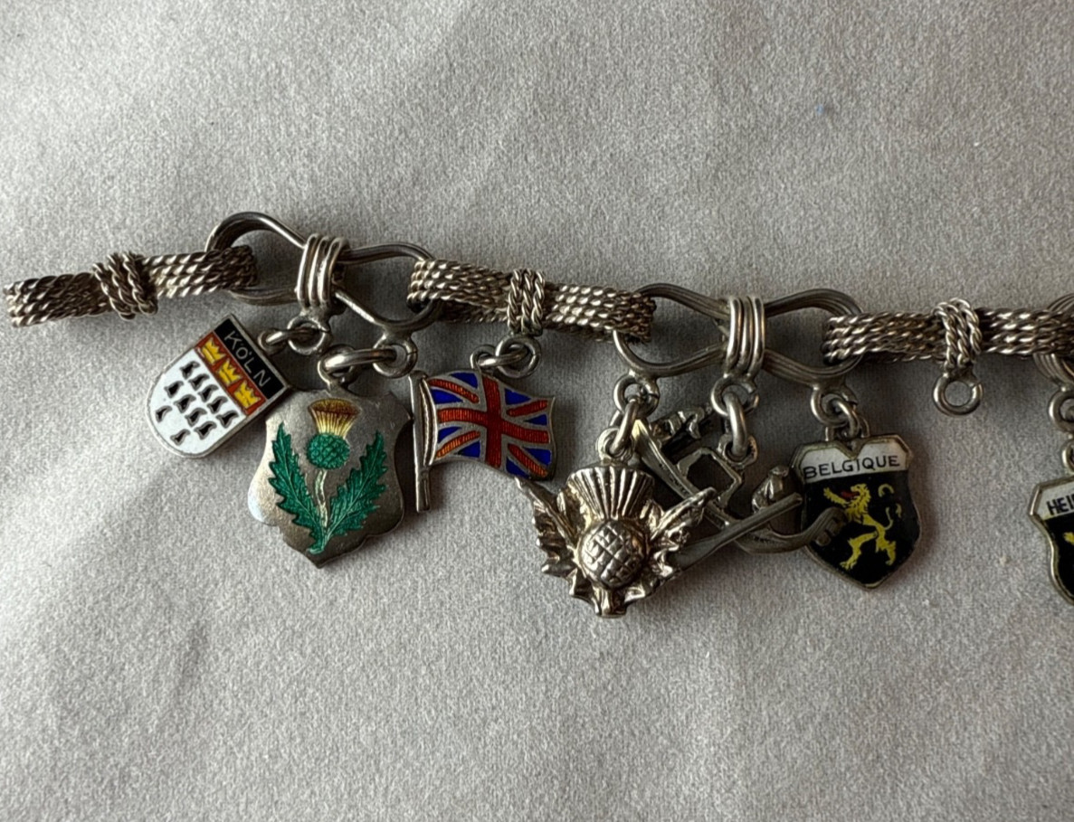 England Vtg Sterling Silver 8” charm bracelet bows Europe travel with 14 CHARMS!