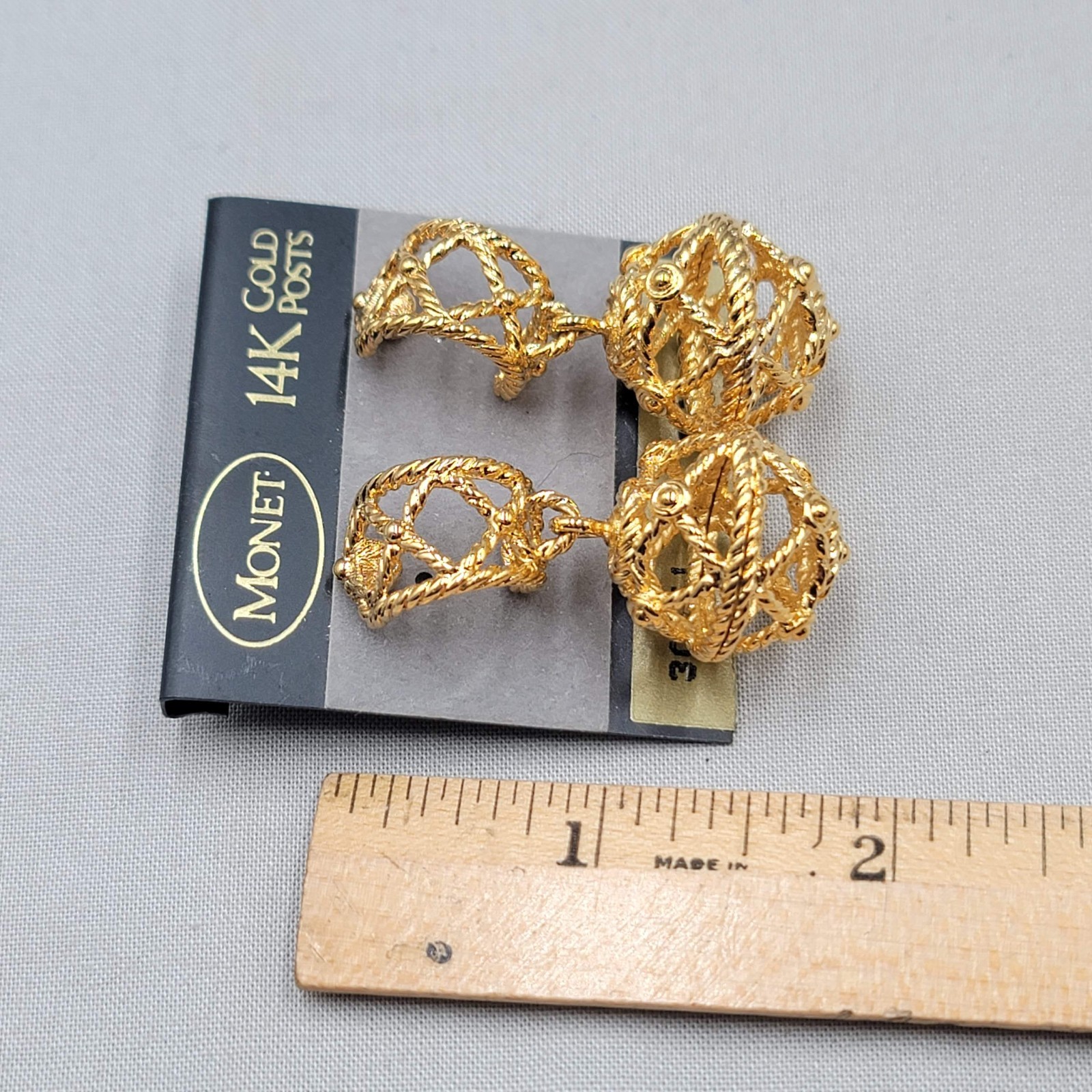 Vintage Filigree Open Work Monet Hoop Pierced Earrings Gold Plated Dangle 1.75″