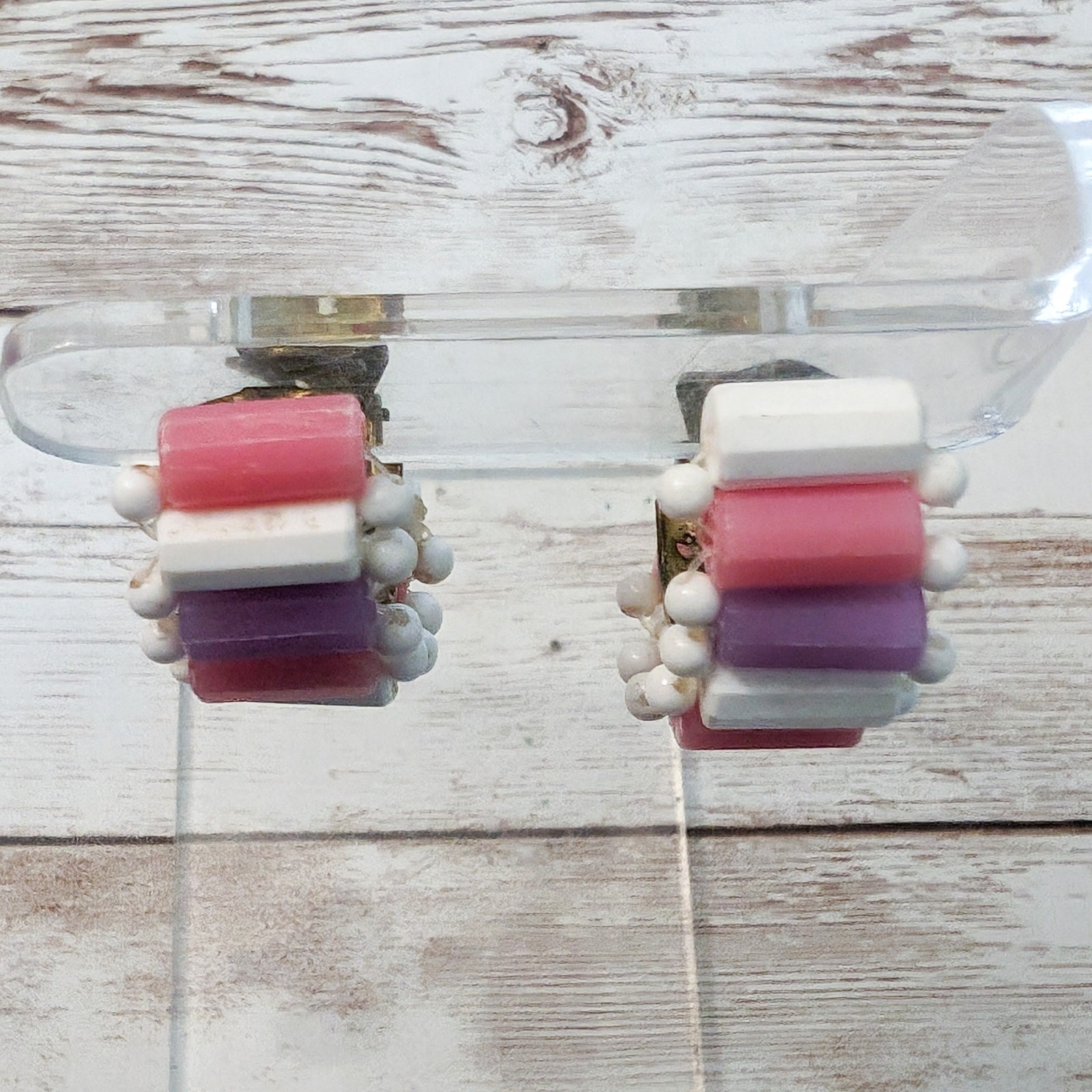 Vintage Clip On Earrings White, Purple, Pink Large Chunky Half Hoops