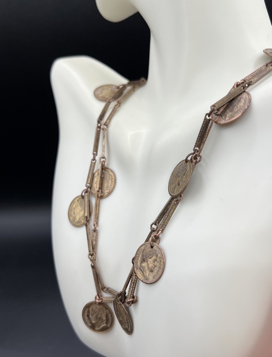 Vintage Copper Coin Necklace, 52”