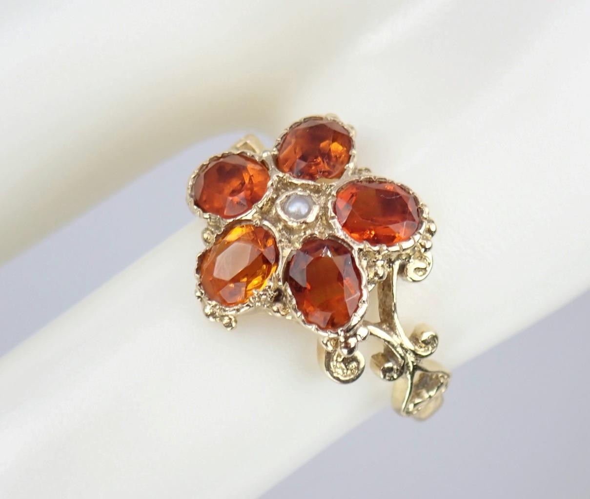 Pretty Vintage Solid 9K Gold Madeira Citrine Pearl Floral Scroll Ring 1971 7.25