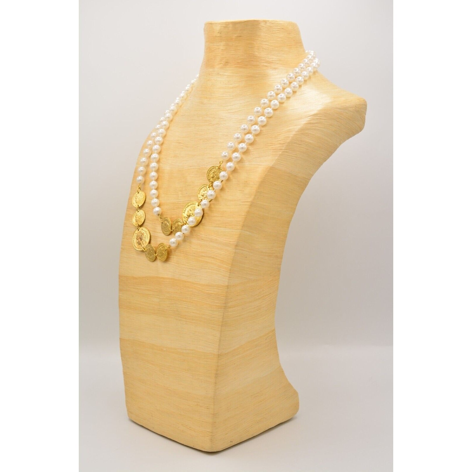 Vintage Pearl Coin Station Necklace Gold Linked White Beaded NOS 1990s BinA12