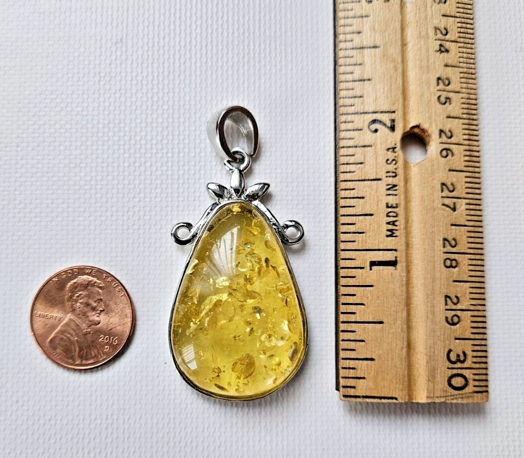 Vintage Yellow Flecked Confetti Pendant Silver Tone Teardrop Approximately 2″