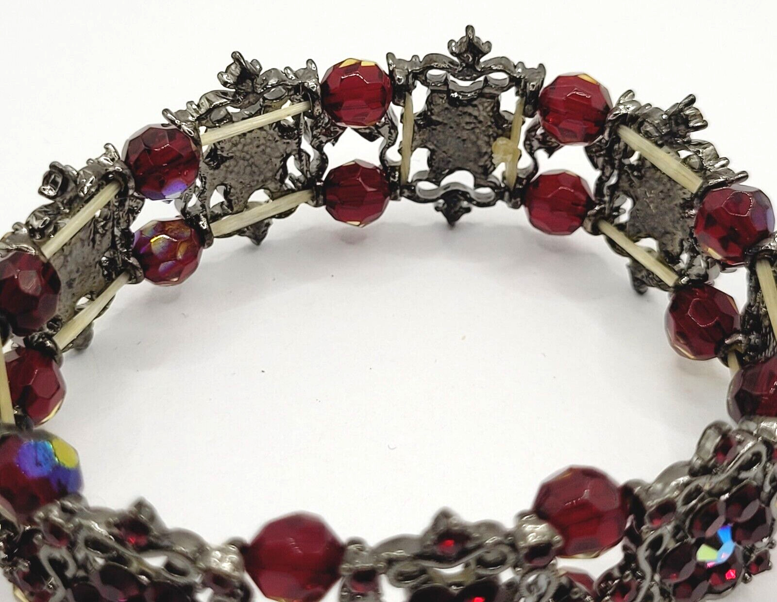 Red AB Crystal Sparkle Flower Floral Metal Ornate Fancy Event Stretch Bracelet