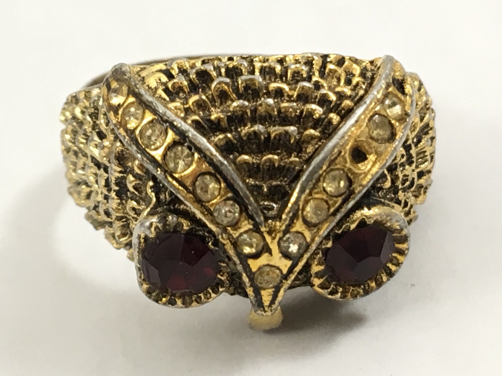 Owls Head Ring Red Eyes Golden US Size 7 17.5 MM Wrap Adjustable Vintage