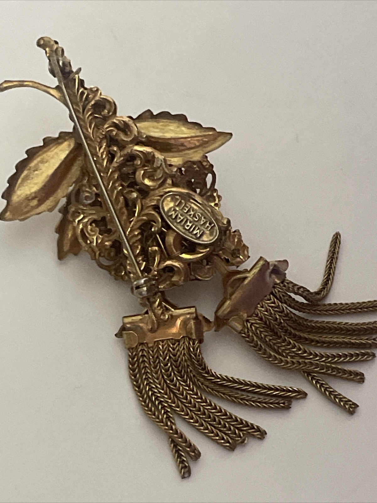 Vintage Signed Miriam Haskell Dangling Tassels GoldTone Brooch S04