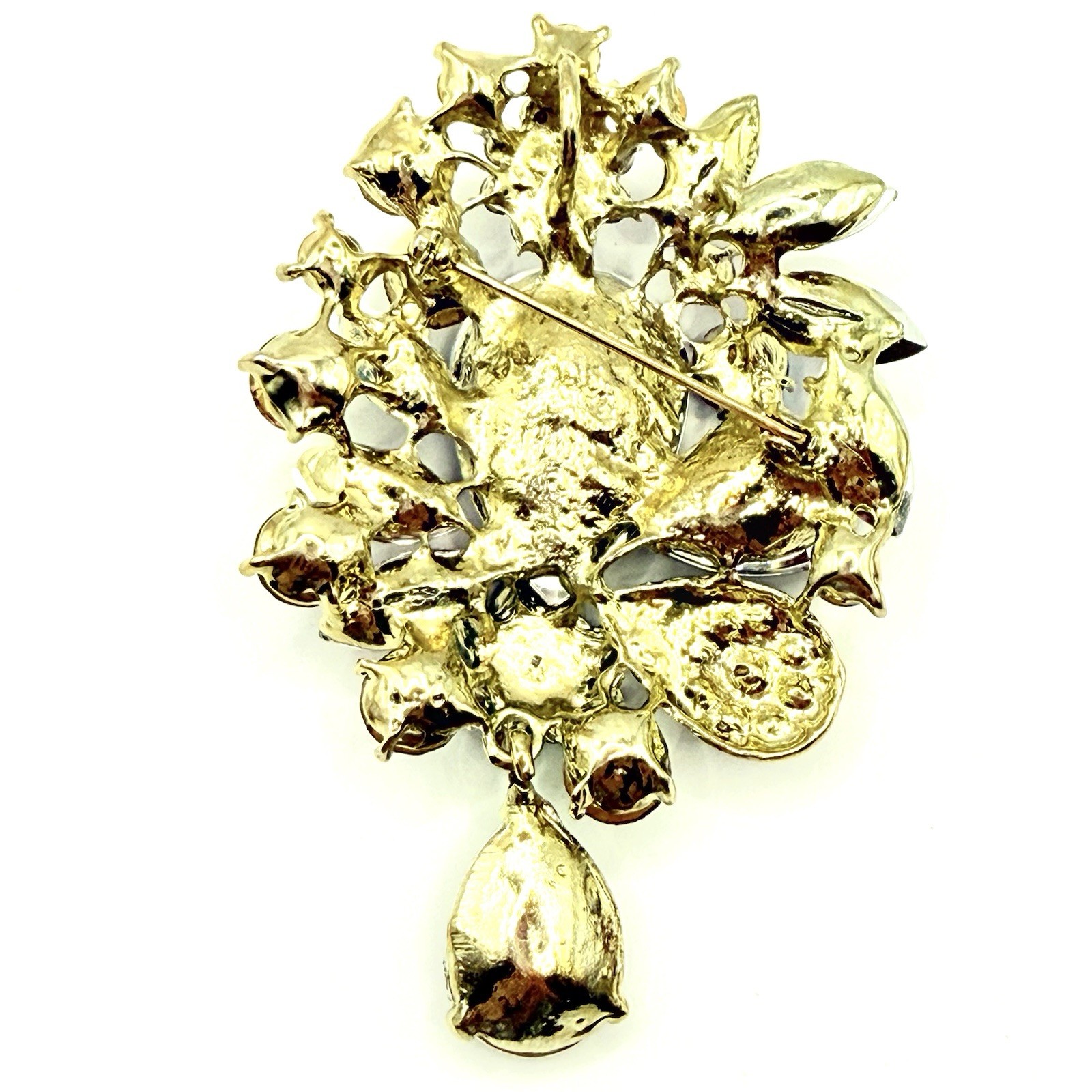 Modern Goldtone Brooch Pendant LG Purple Pink AB Rhinestone Bouquet Teardrop Z