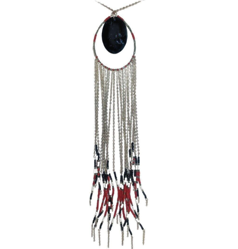 Fringe Choker Necklace Red SilverTone 15.5” Boho Beaded Southwestern