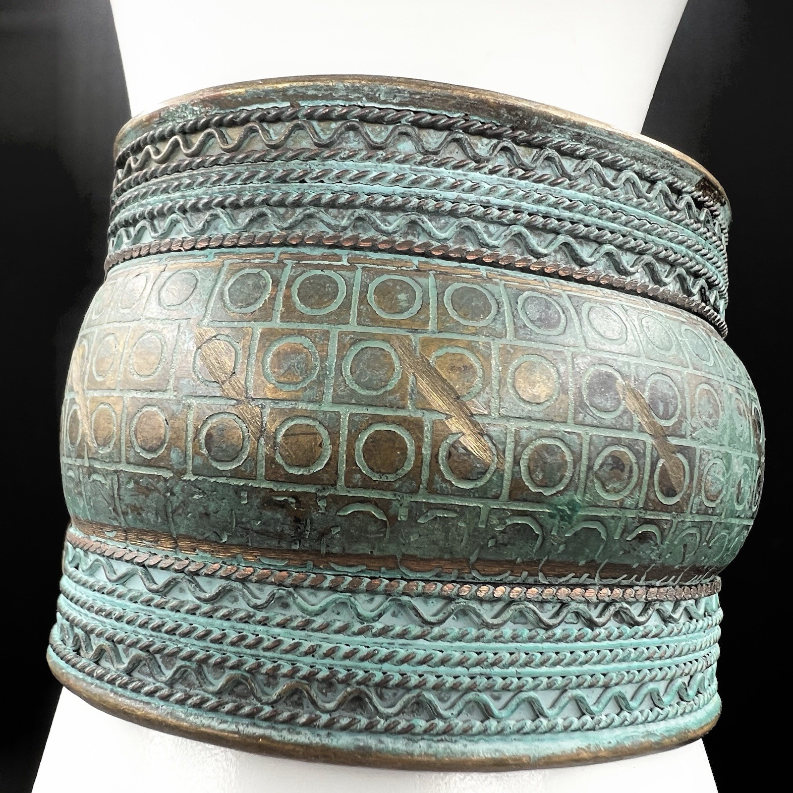 Wide Embossed CopperTone Cuff Bracelet Verdigris Patina Tribal Artisan Statement