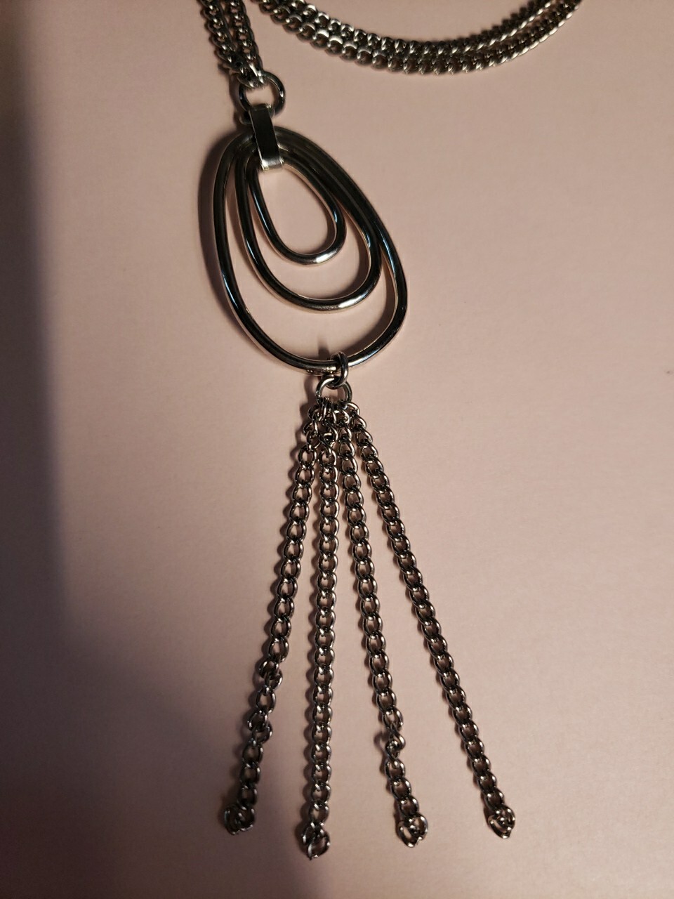 Long Multi Chain Tassel Silvertone Oval Pendant Necklace, Lobster Claw Clasp 25″