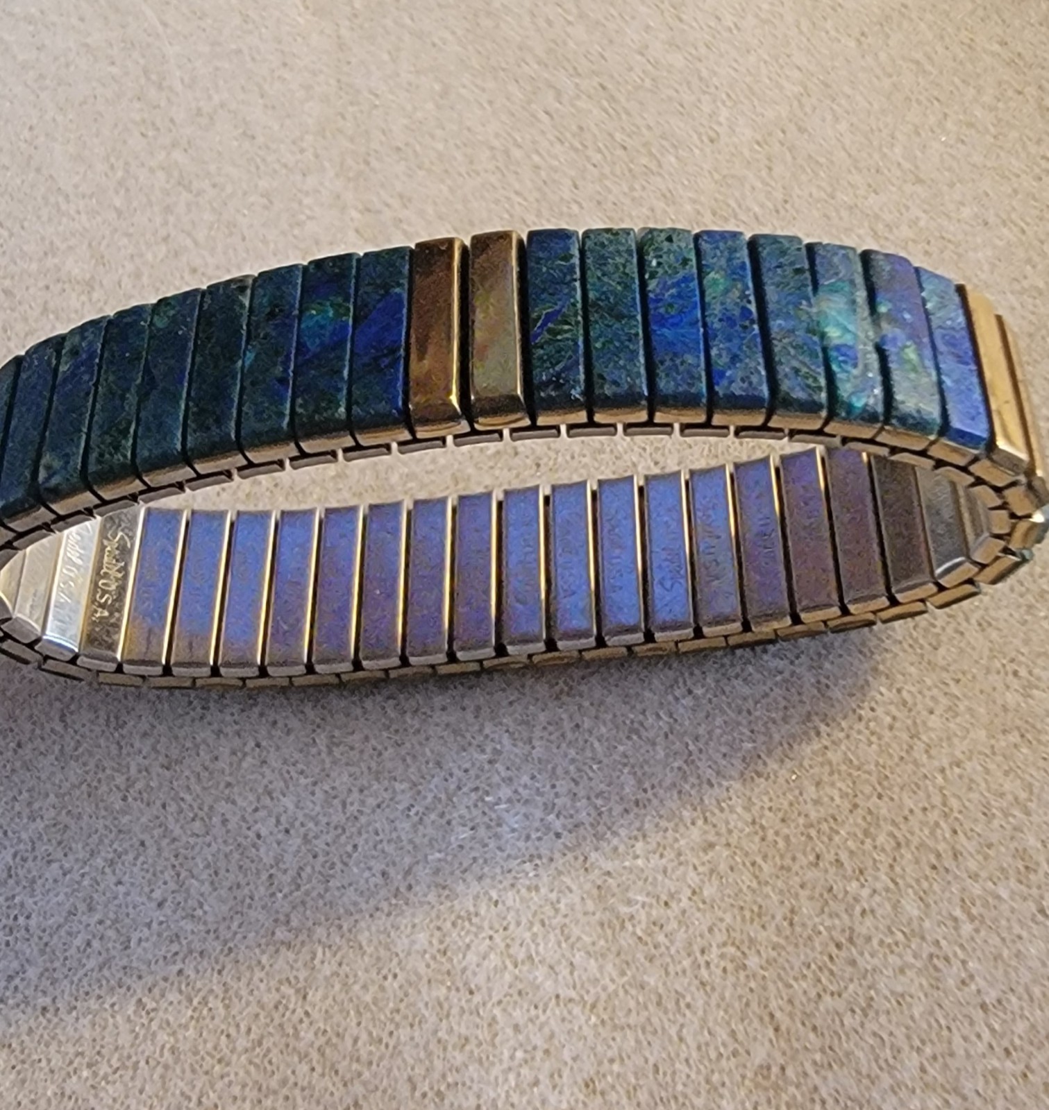 Vintage Blue Lapis Lazuli Stone Stretch Band Bracelet Cuff 1970s
