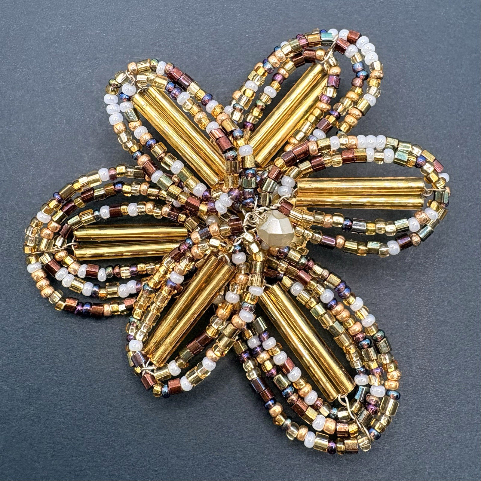 Vintage Joan Rivers Flower Floral Gold Brown White Glass Beaded Brooch Pin 2.5″