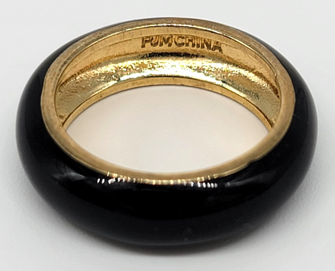 Gold Tone Ring Set Lot of 2 Size 5 Black Enamel Band Stackable Toe Rings Shiny!