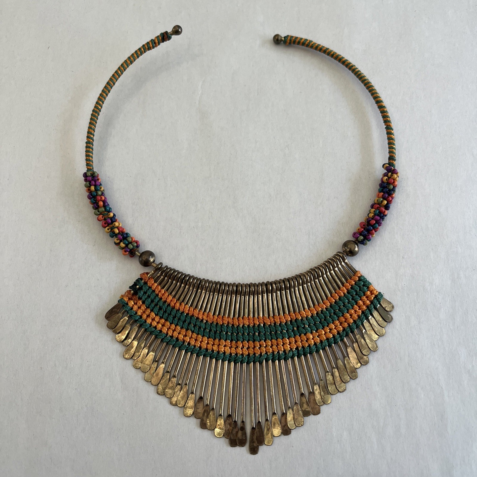 Vintage Fringe Statement Necklace Collar Bib Choker Beaded Bright Colors Patina