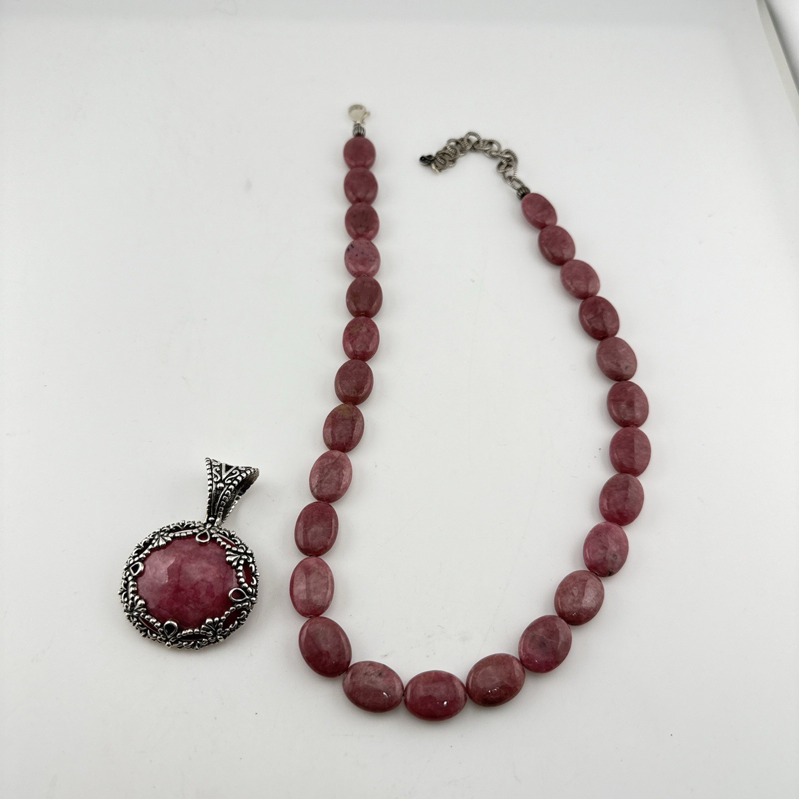 Carolyn Pollack Necklace Set Pink Rhodonite Sterling Silver 925 Pendant Beaded