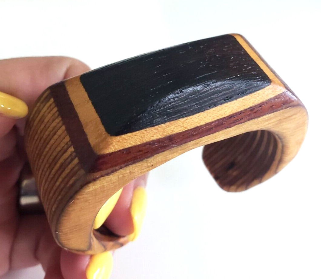 Vintage Inlay Laminated Layered Wood Cuff Bracelet 4-7/8″ Size Small