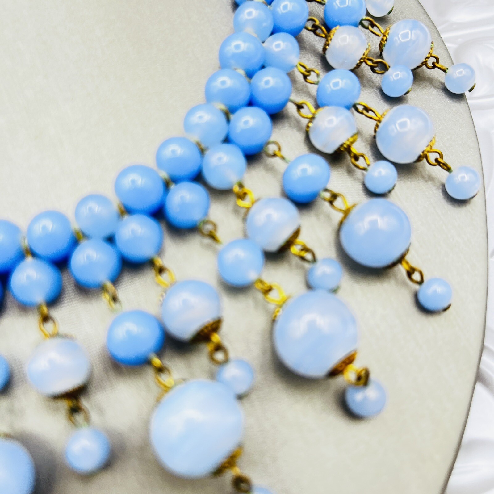 Vintage Periwinkle Blue Czech Glass Beaded Fringe Bib Necklace 16″