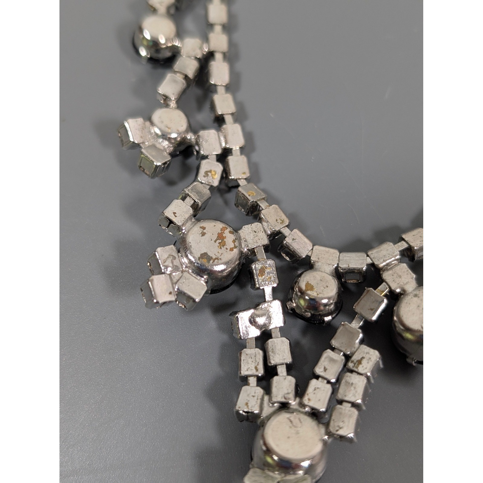 Vintage Black Clear Rhinestone Choker Necklace Silver Tone Bib Statement 15″