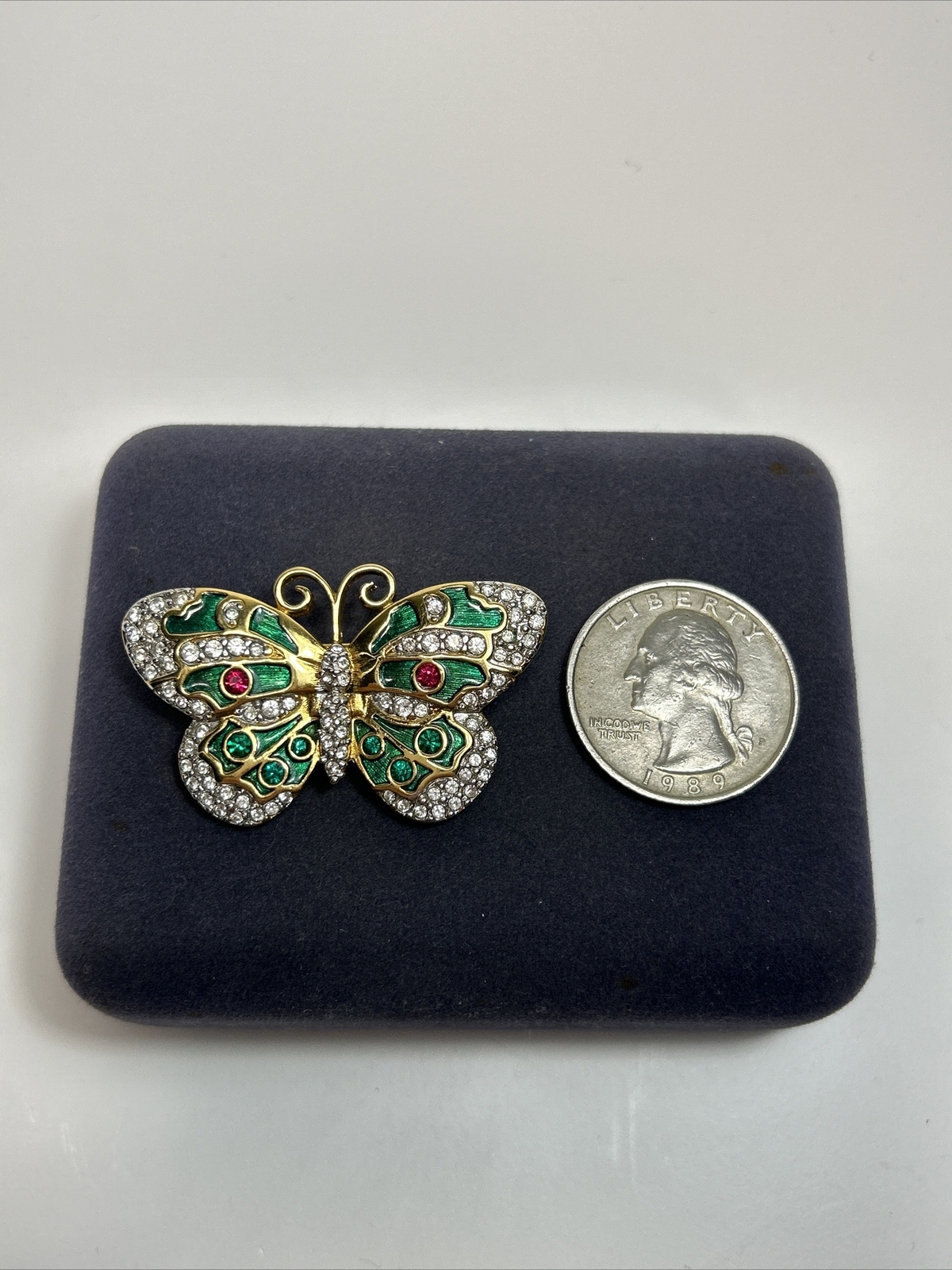 Swarovski Gold Tone Green & Red Enamel Clear Rhinestone Butterfly Brooch