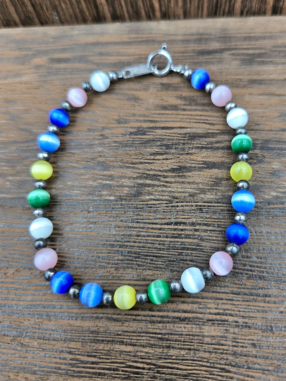 925 Sterling Silver Multicolor Glass Cat Eye Bead Necklace 18″ and Bracelet 7.5″