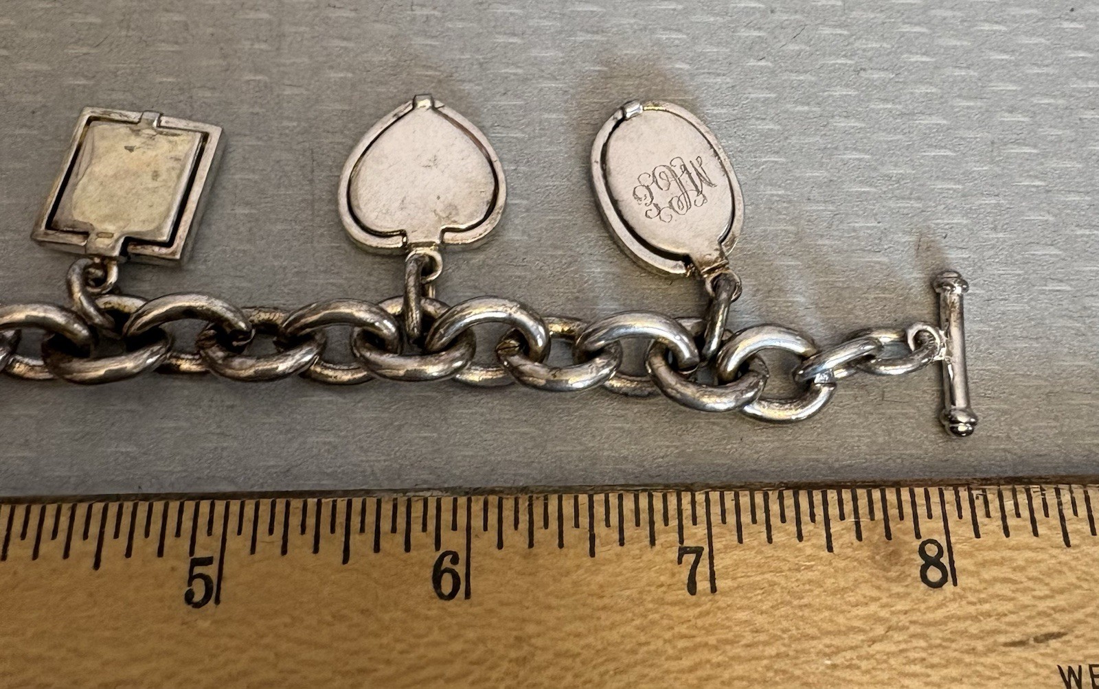 Vintage Photo Locket Charm Bracelet Silverplated Toggle 8” Heart Oval Square 6P