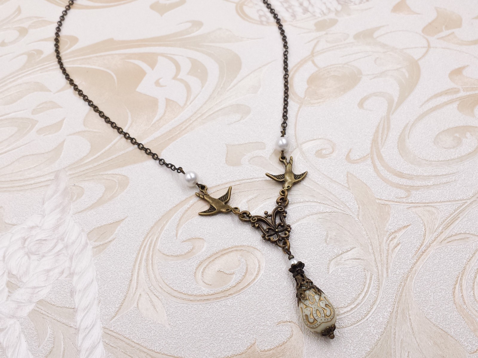 Victorian Necklace- Cream Acrylic Bead Simulated Crystal Pearl Antiqued Bird
