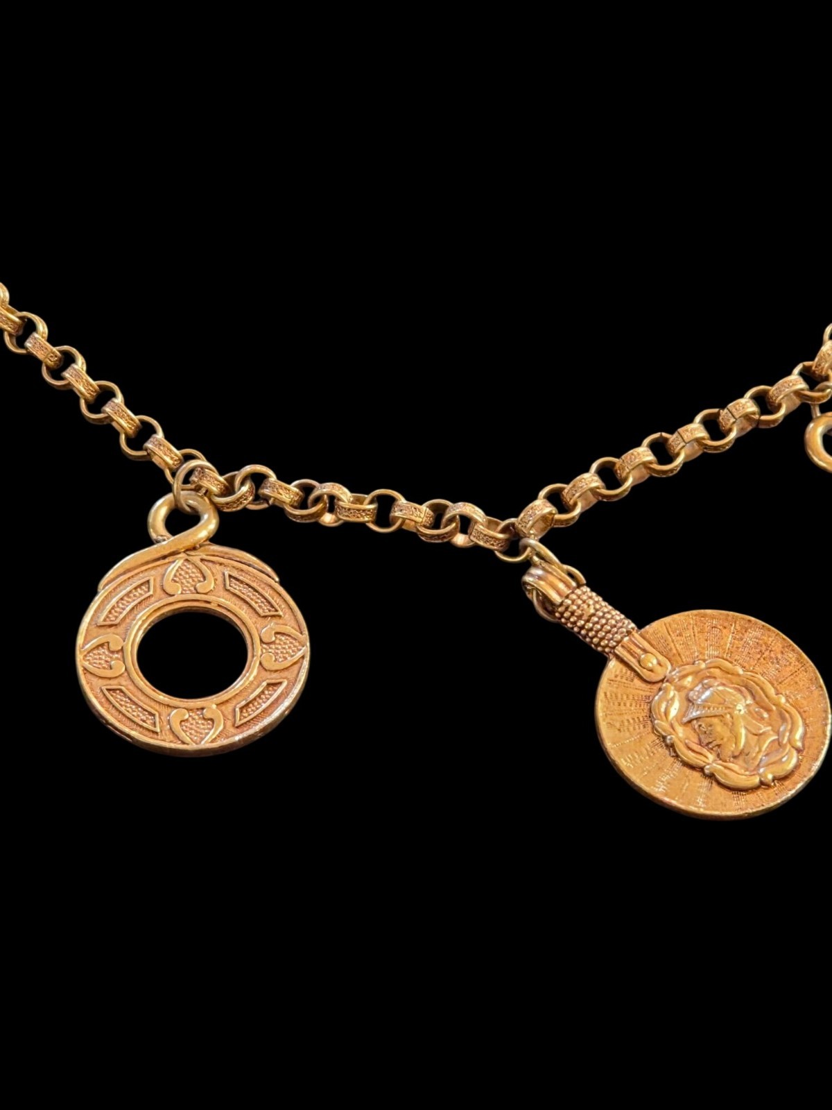 Vintage Statement Capri Greek Mythology Coin Pendants Rolo Chain Link Necklace