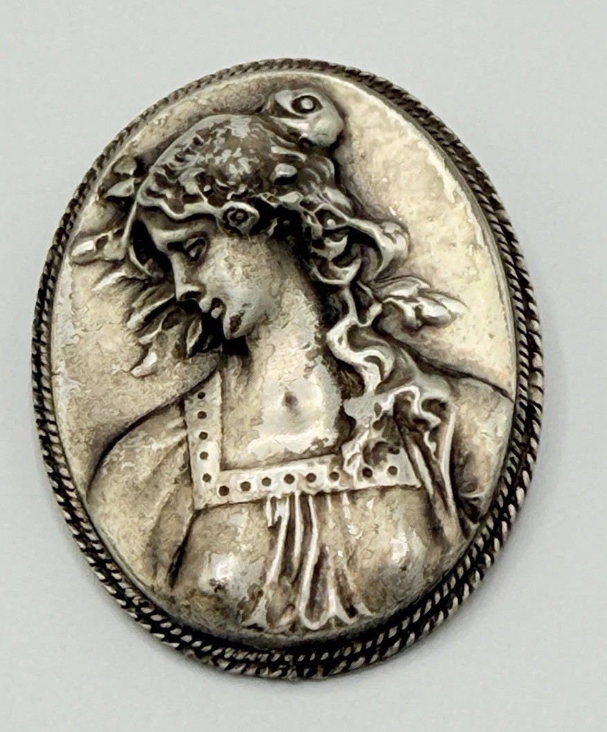 Vintage Jac Win Pewter Lady Brooch Art Nouveau Style Woman Portrait Estate Pin