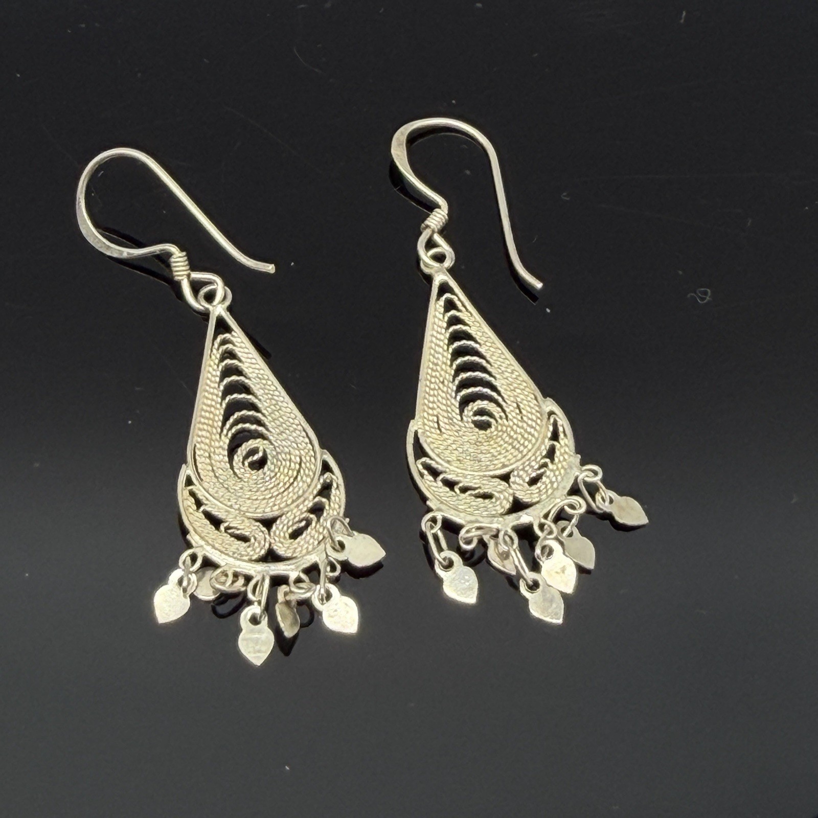 Vtg Sterling 925 Spun Silver Earrings Filigree Dangle Drop Cannetille Chandelier