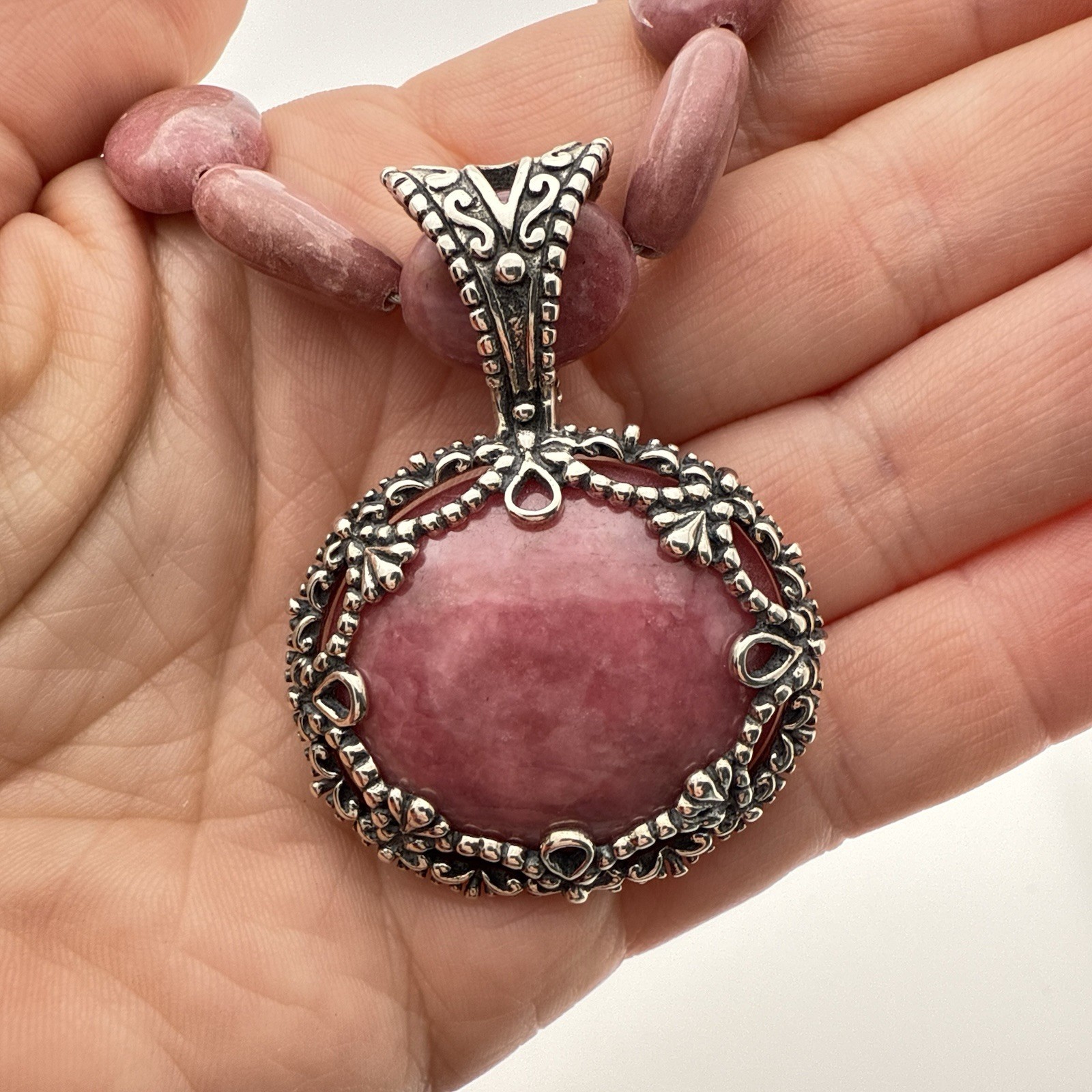 Carolyn Pollack Necklace Set Pink Rhodonite Sterling Silver 925 Pendant Beaded
