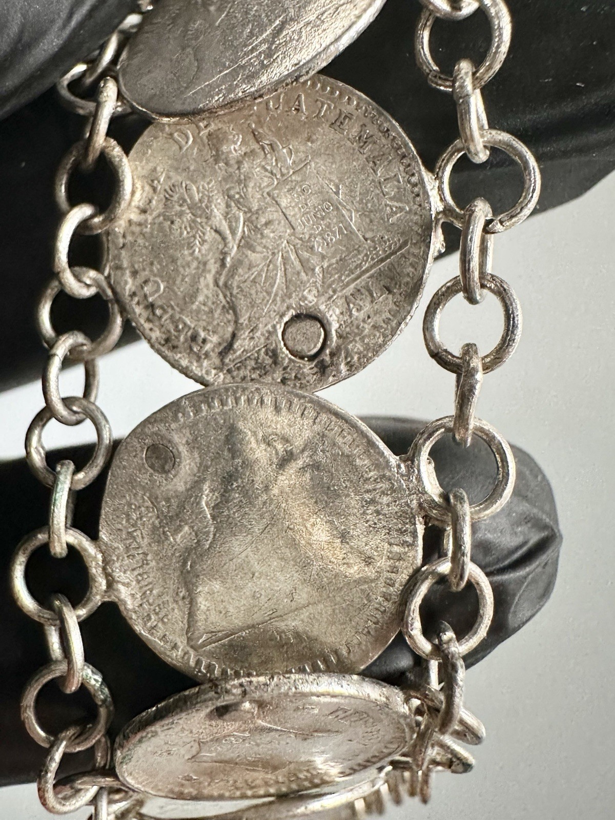 Antique 835 Silver 1800s Guatemala Coins Charm Bracelet 7” Inches