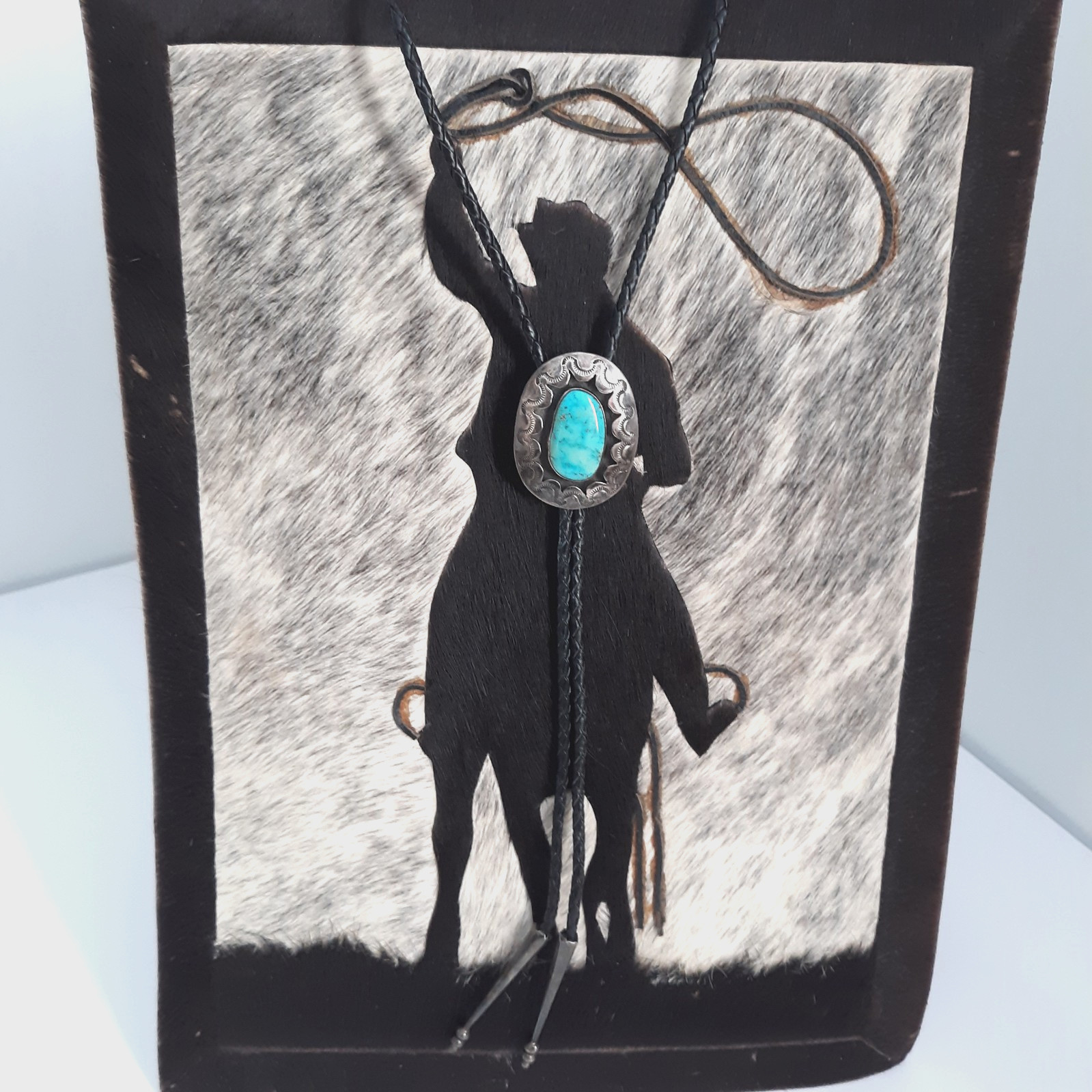 Vtg Bennett Pat Pend Bolo Tie Slide Turquoise Silver Black Leather Cord L 18″