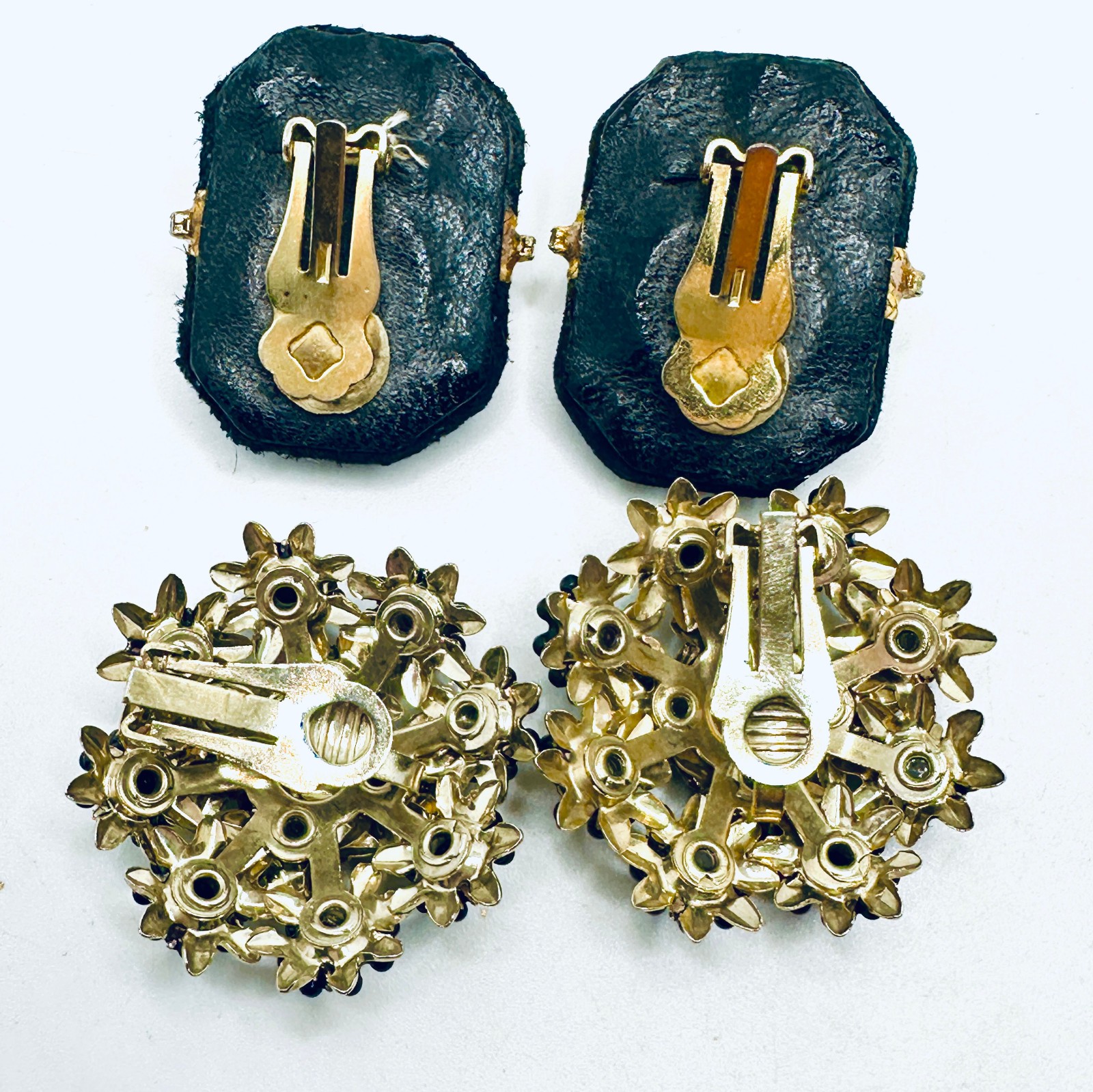 Lot 2 Vtg Chunky Black & Gold Tone Rhinestone Clip Earrings Swedged, Leather 80s