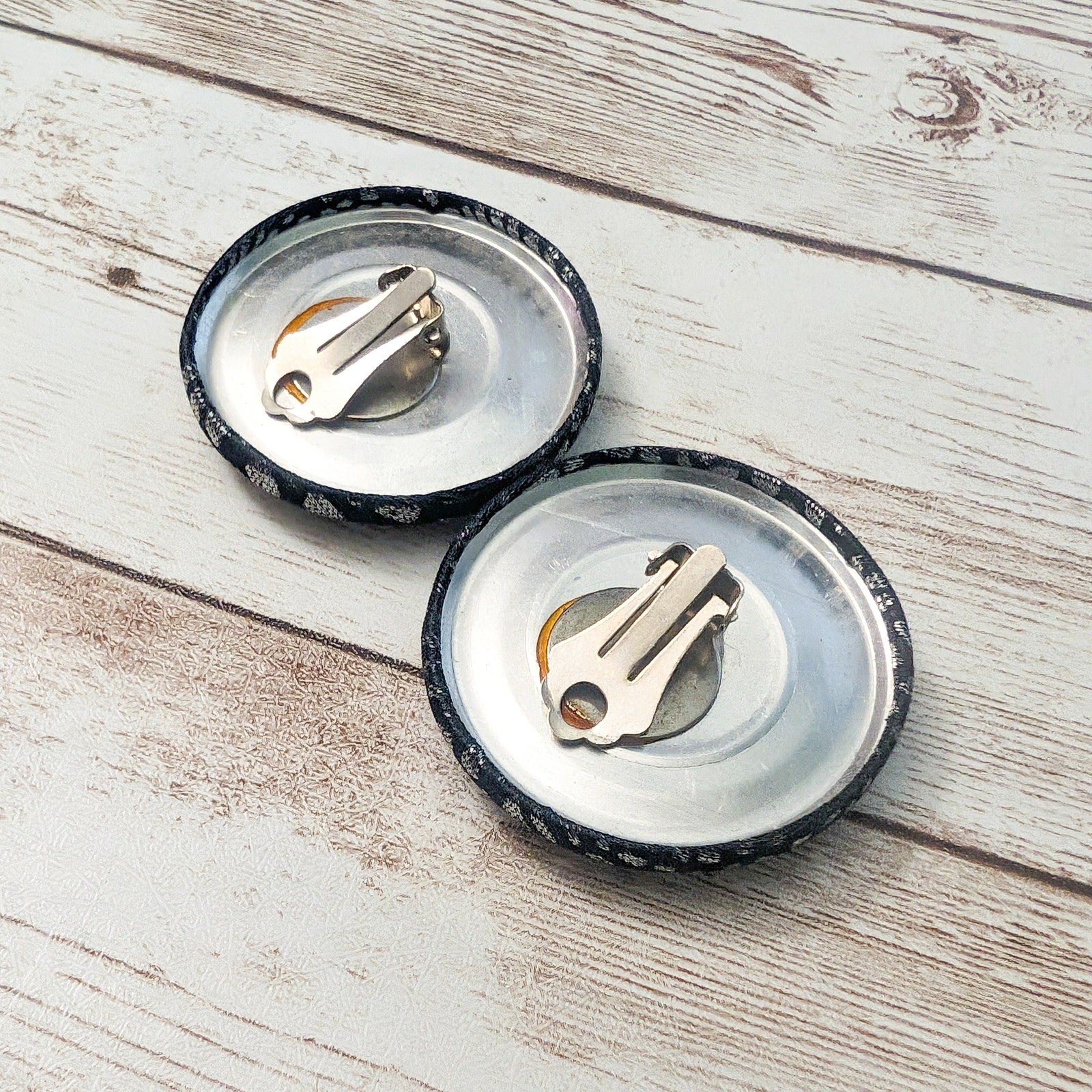 Vintage Clip On Earrings – Large Black with Silver Tone Design